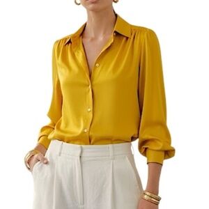 Vintage 90s Rouie old money golden mustard yellow silky long sleeve blouse 4